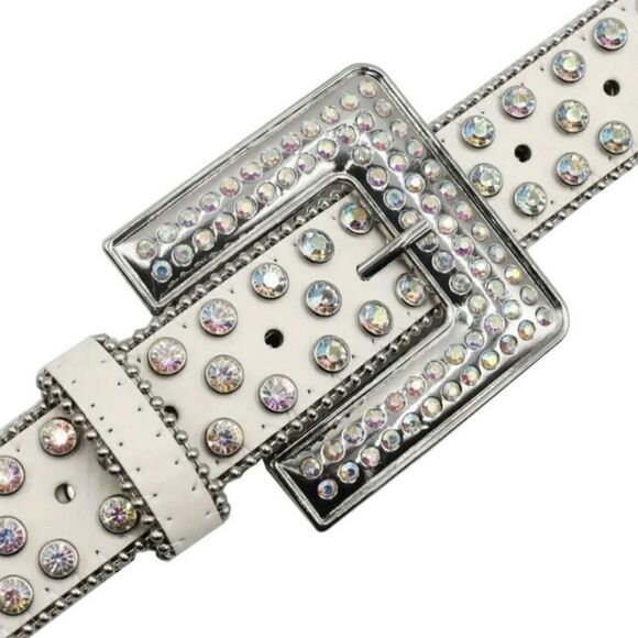 Men’s White Diamond Rhinestone Leather Square Buckle Belt Size 42 - Picture 3 of 6